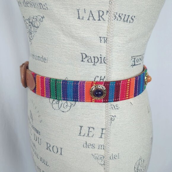Vintage Textile Guatemala Belt Small Leather Bead - Picture 5 of 8